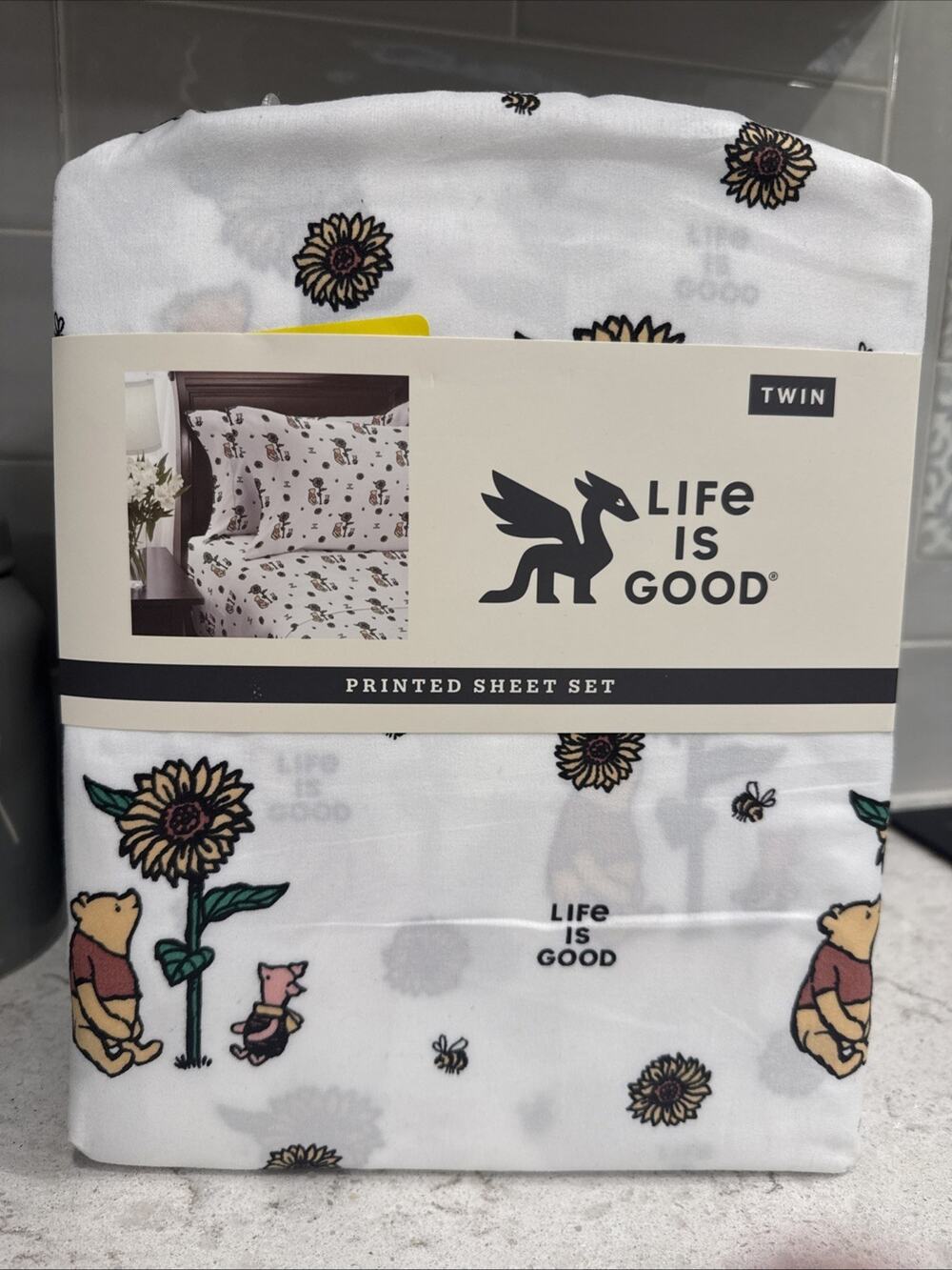 LIFE IS GOOD TWIN sheet set Winnie the Pooh Piglet sheets Sunflower Sunflowers